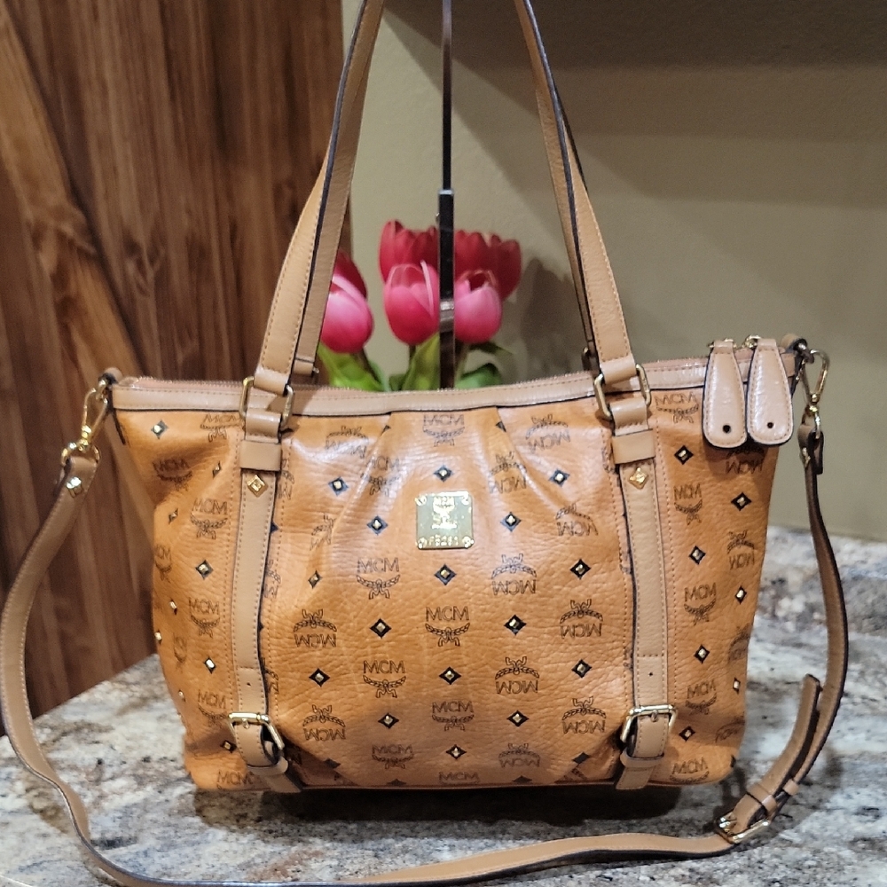 MCM Cognac EUC Studded Visetos 2 WAY leather tote